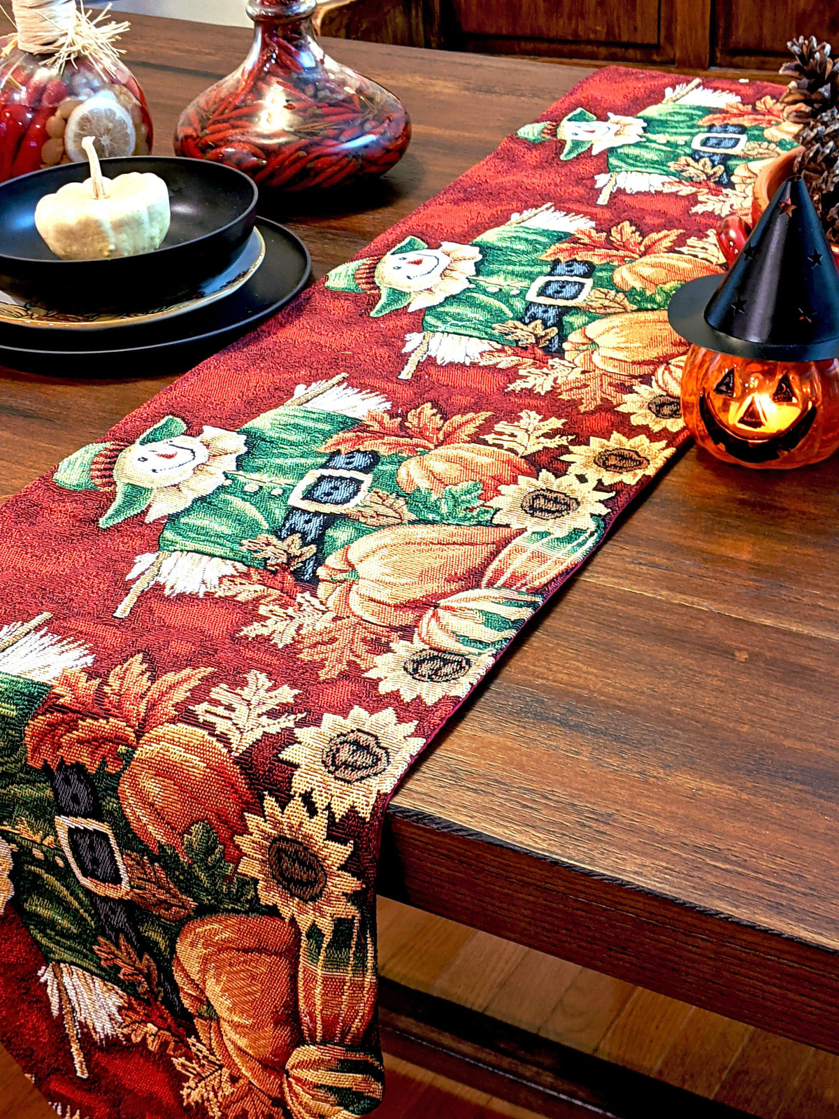 Tache Pumpkin Patch Scarecrow Autumn Harvest Woven Tapestry Table Runners (12921TR)