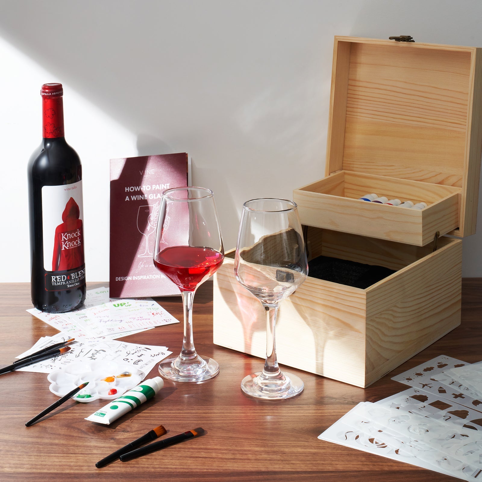 Wine Glass Painting Gift Set - Do it Yourself! Creative Glassware Paint Kit for Wine Nights - Comes with Two 12 OZ Wine Glasses, Paint, Palette, Paintbrushes, Stencils, Stickers - Wine Lover Gift