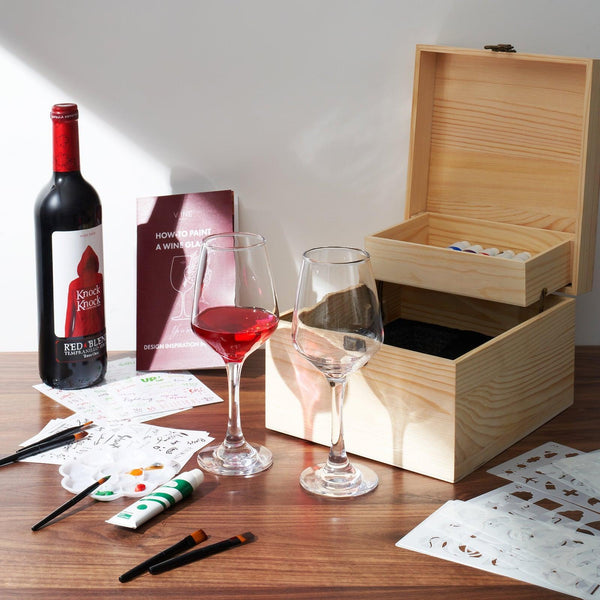 Wine Glass Painting Gift Set - Do it Yourself! Creative Glassware Paint Kit for Wine Nights - Comes with Two 12 OZ Wine Glasses, Paint, Palette, Paintbrushes, Stencils, Stickers - Wine Lover Gift