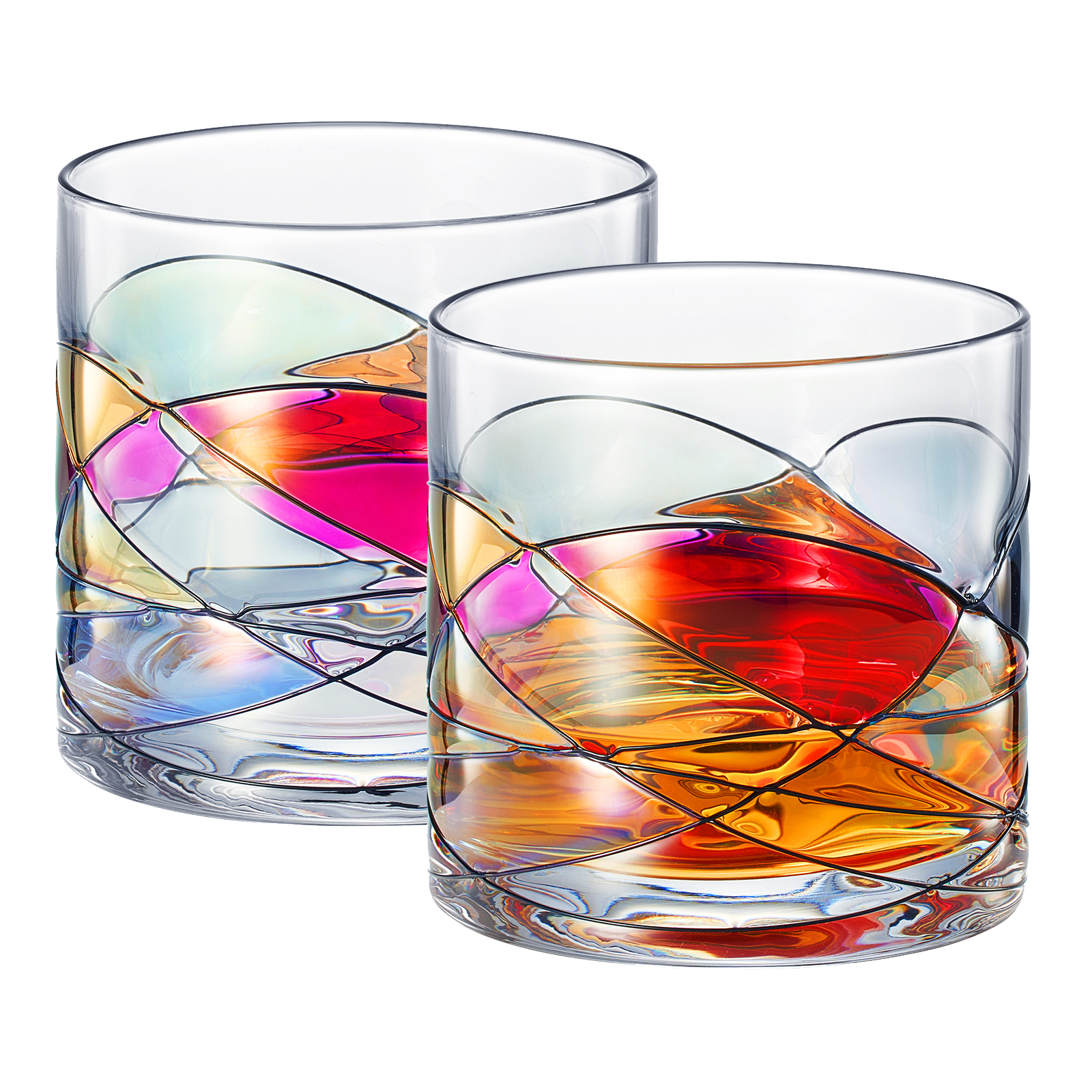Artisanal Hand Painted Whiskey - Gift for Dad, Friends, Boyfriends, Renaissance Romantic Stain-glassed Windows Cocktail Glasses Set of 2 - Gift Idea for Birthday, Housewarming - 9.6 OZ Glassware