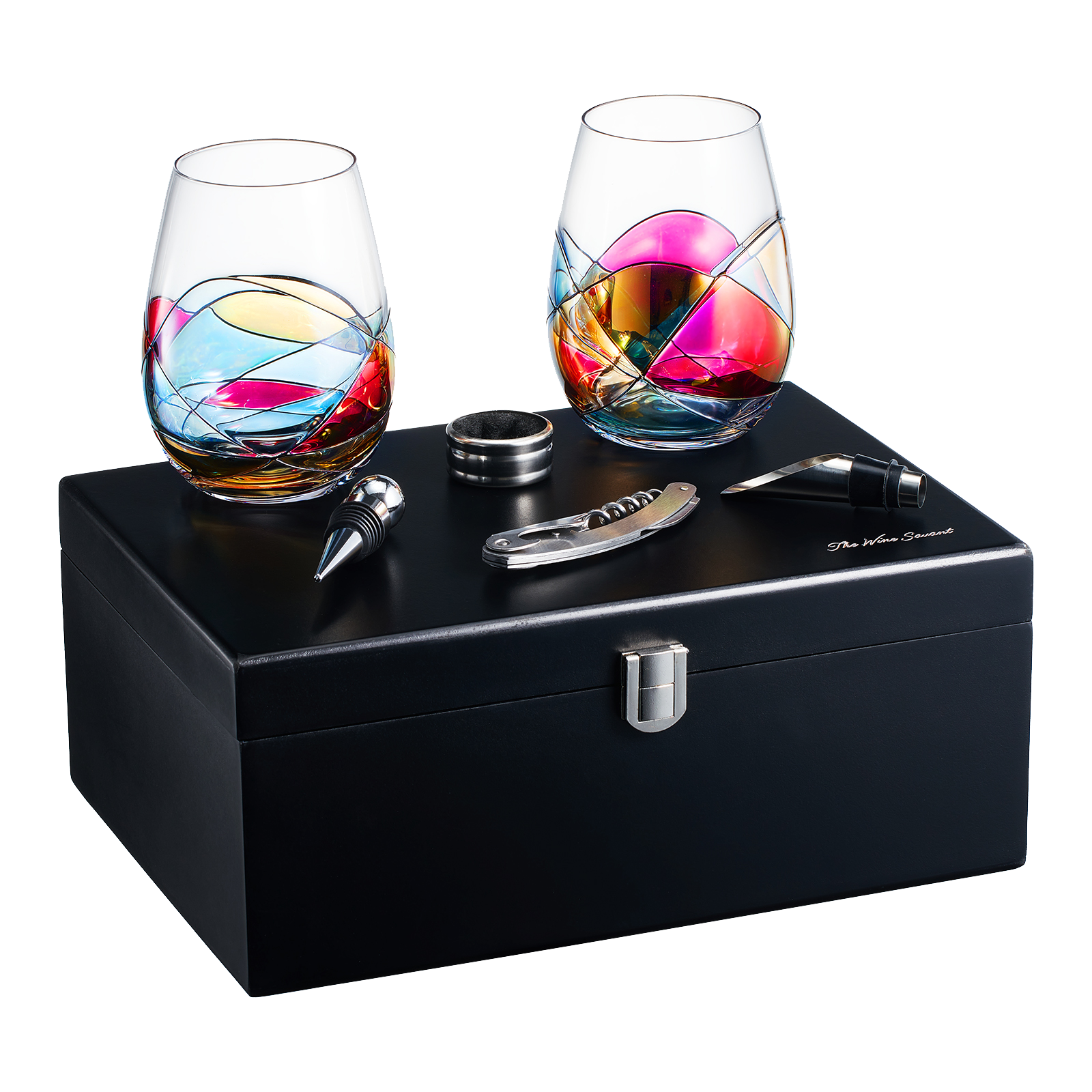 Painted STEMMLESS Wine Glass Box Set - Opener, Stopper, drip Ring, Wine Pourer - 2 Glasses