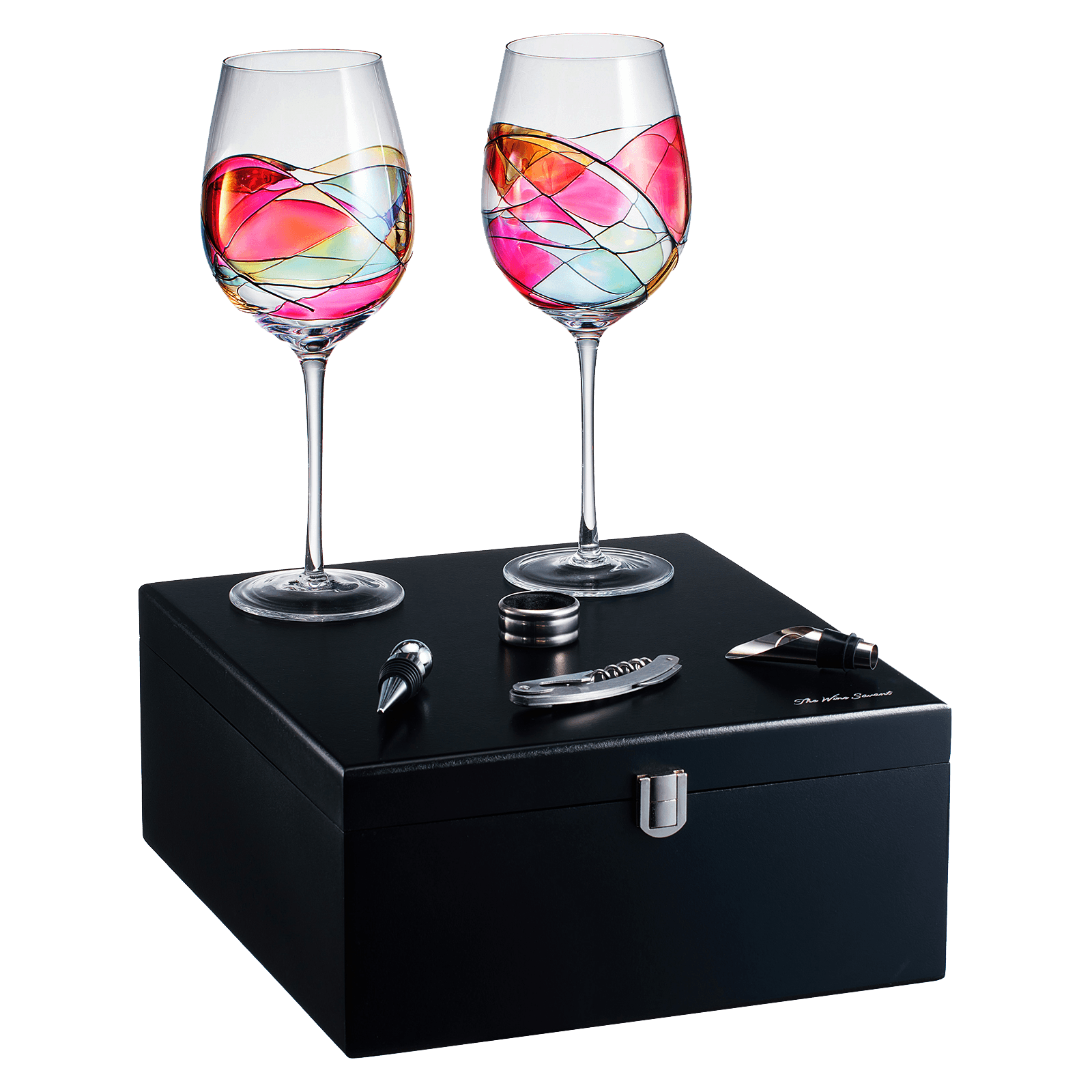 Painted STEMMED wine glass box set - opener, stopper, drip ring, wine pourer - 2 glasses