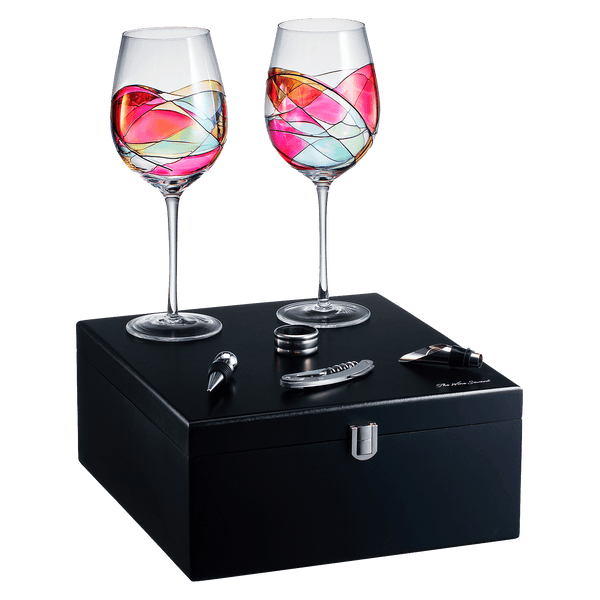 Painted STEMMED wine glass box set - opener, stopper, drip ring, wine pourer - 2 glasses
