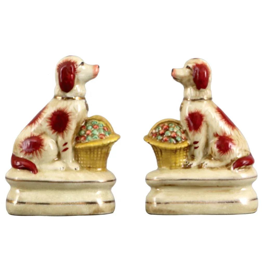 Pair of Porcelain Dogs with Baskets Figurines - 6''H - Gifts for You 'n Me