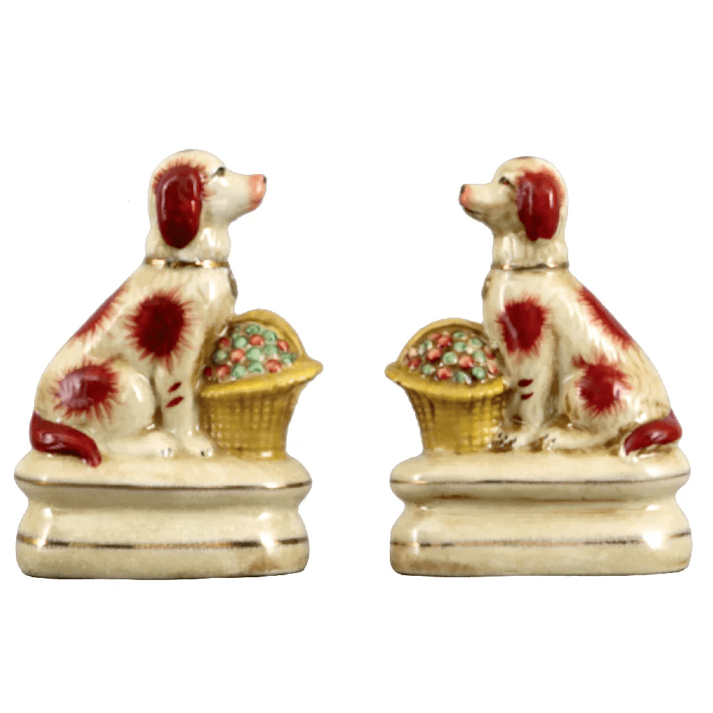 Pair of Porcelain Dogs with Baskets Figurines - 6''H - Gifts for You 'n Me