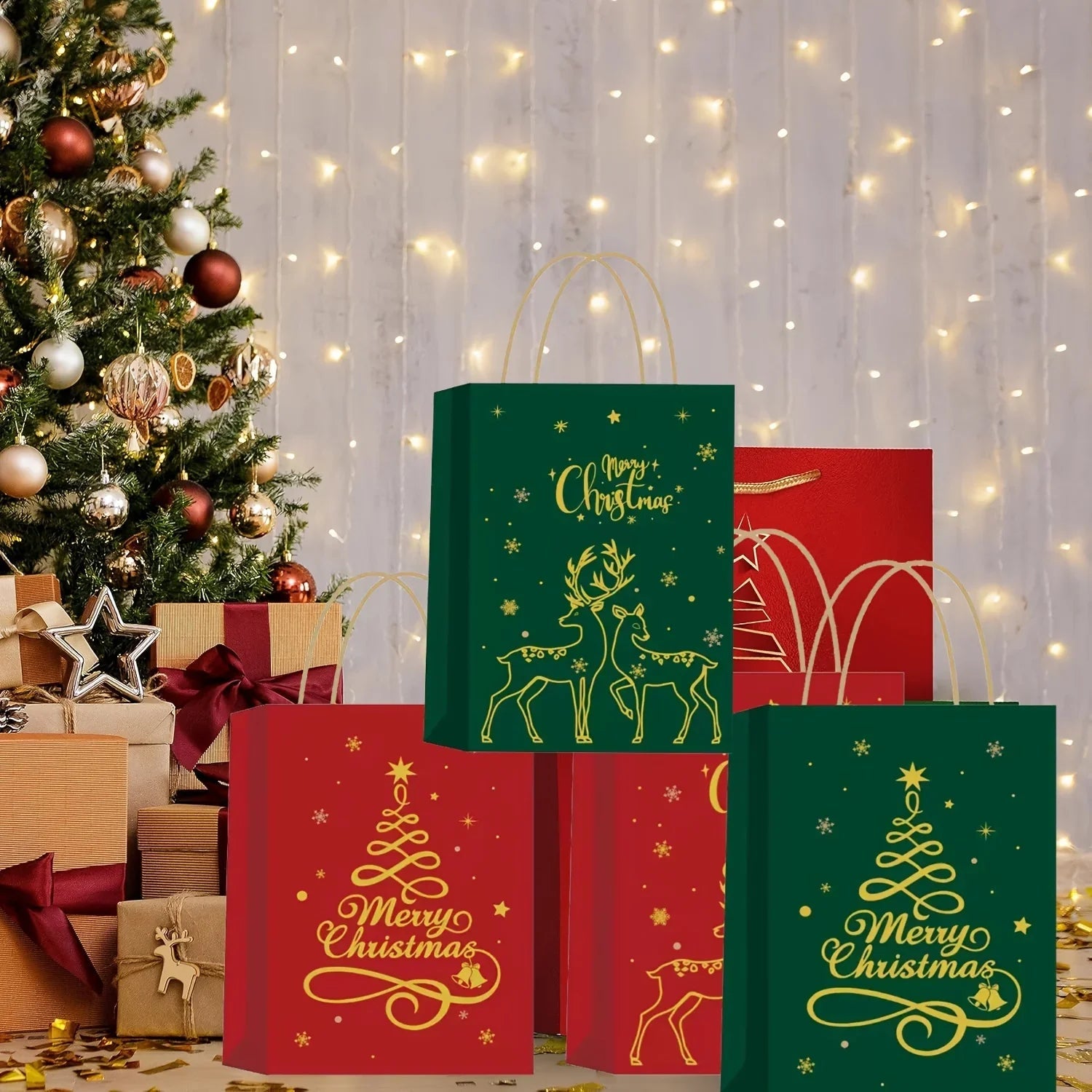 Paper Christmas Gift Bags 12-Pack with Golden Handles