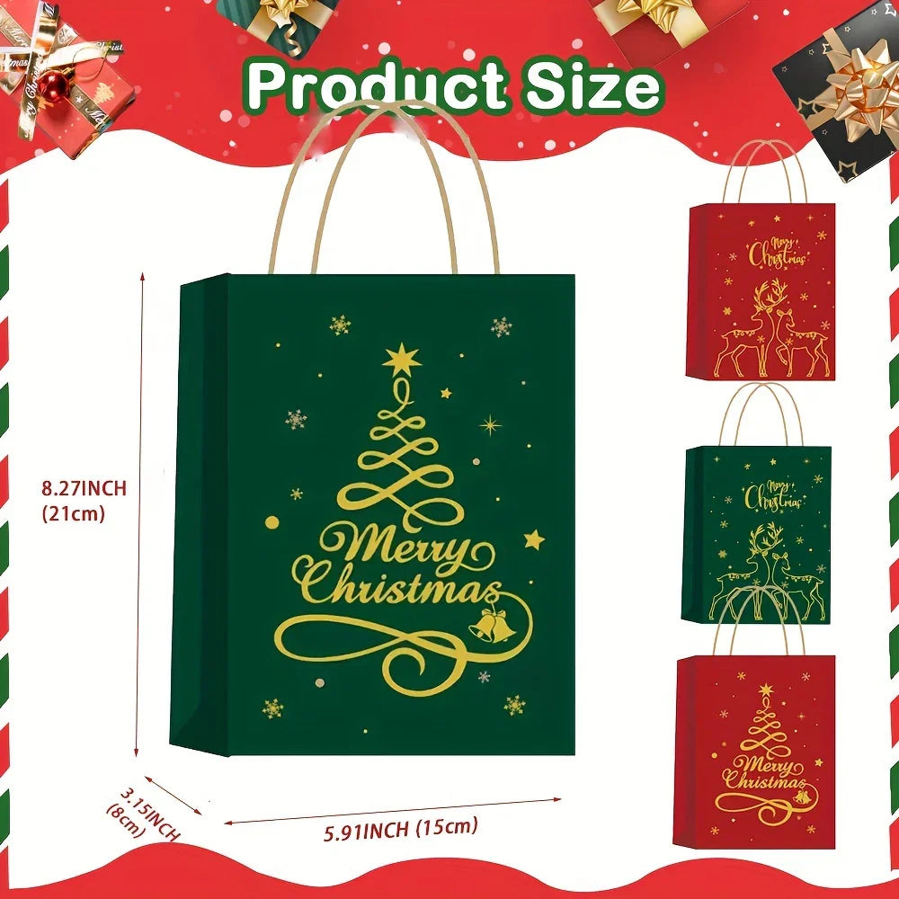 Paper Christmas Gift Bags 12-Pack with Golden Handles