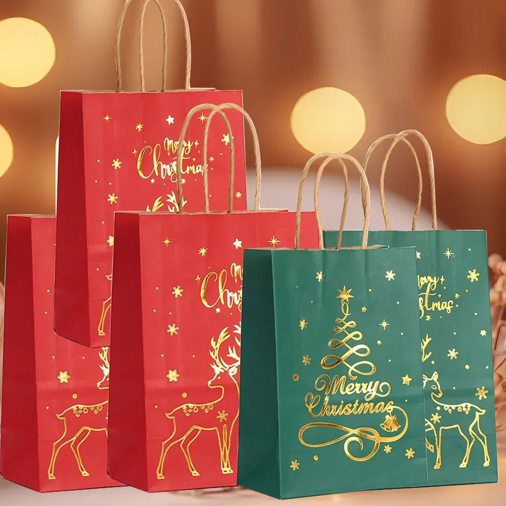 Paper Christmas Gift Bags 12-Pack with Golden Handles