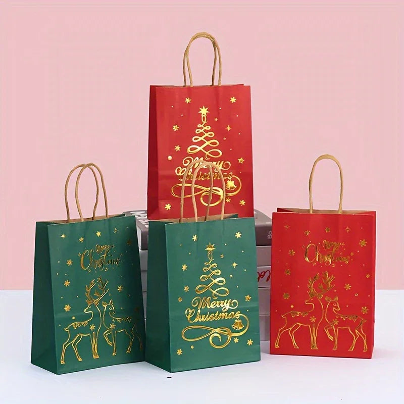 Paper Christmas Gift Bags 12-Pack with Golden Handles