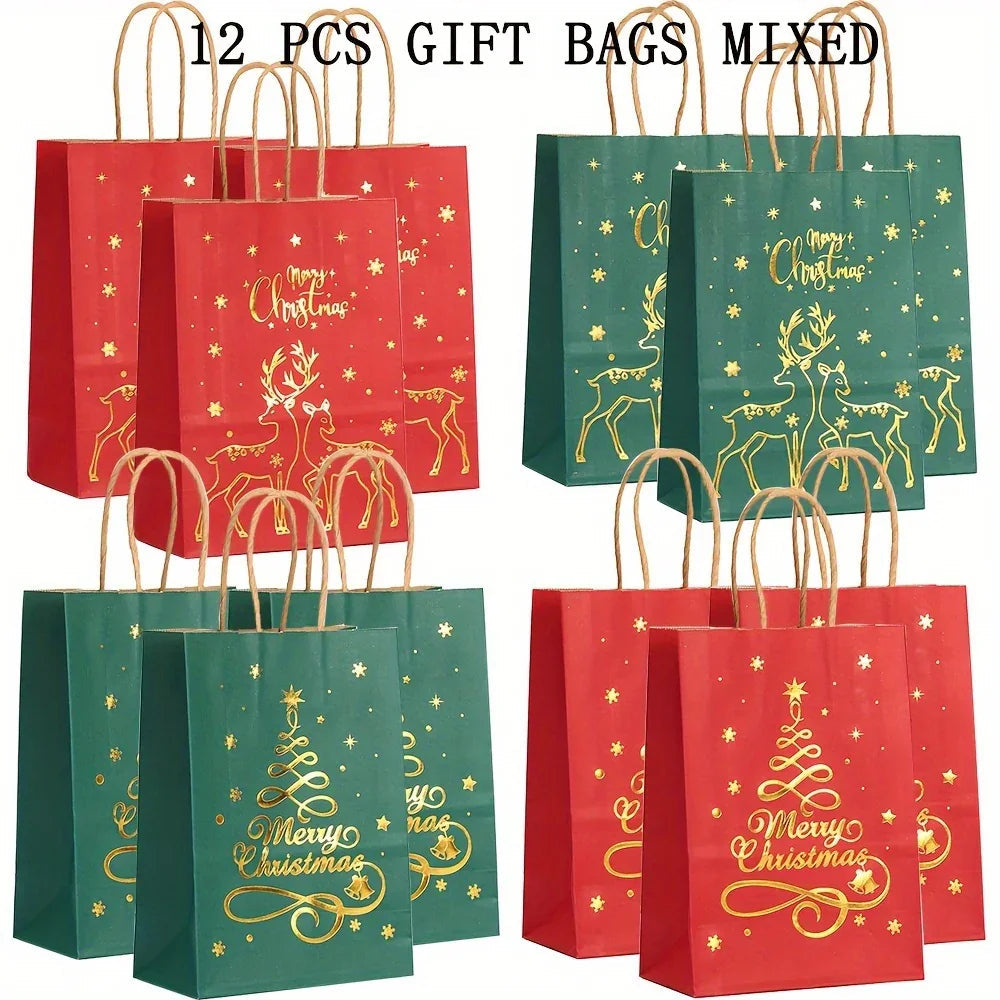 Paper Christmas Gift Bags 12-Pack with Golden Handles