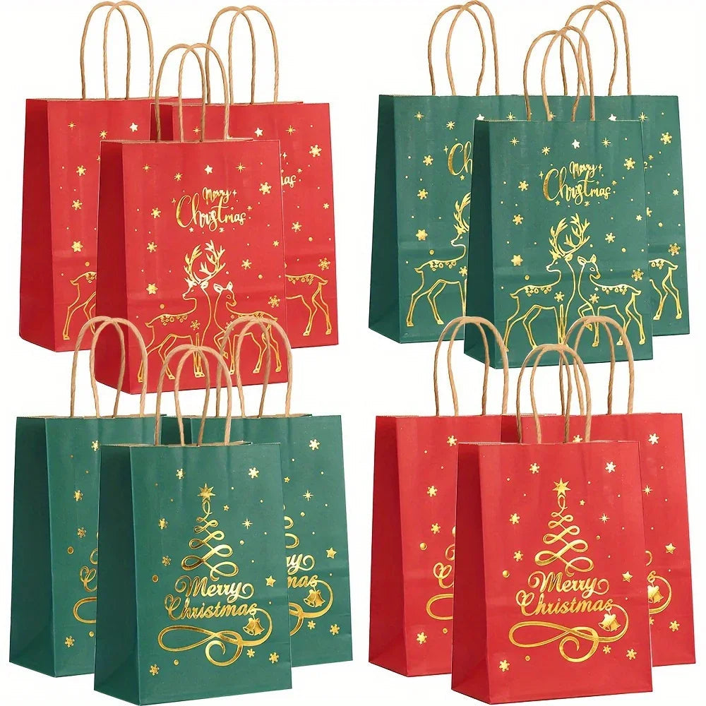 Paper Christmas Gift Bags 12-Pack with Golden Handles