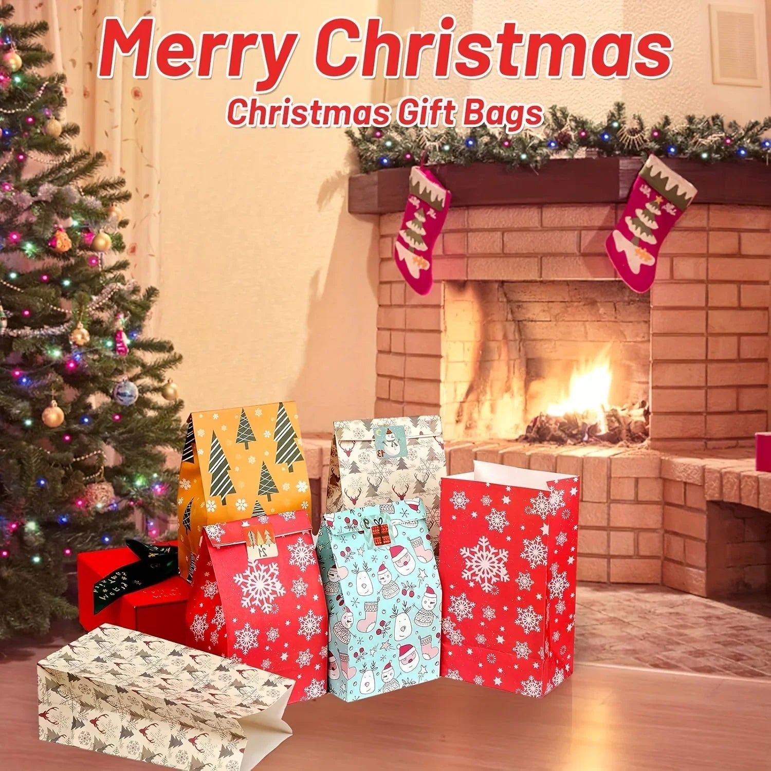 Paper Gift Bags with Red Sealing Stickers, 24pcs Set of Christmas Snowflake Designs