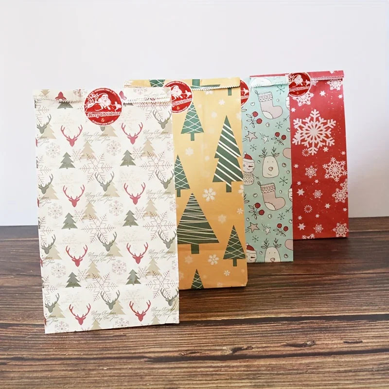 Paper Gift Bags with Red Sealing Stickers, 24pcs Set of Christmas Snowflake Designs
