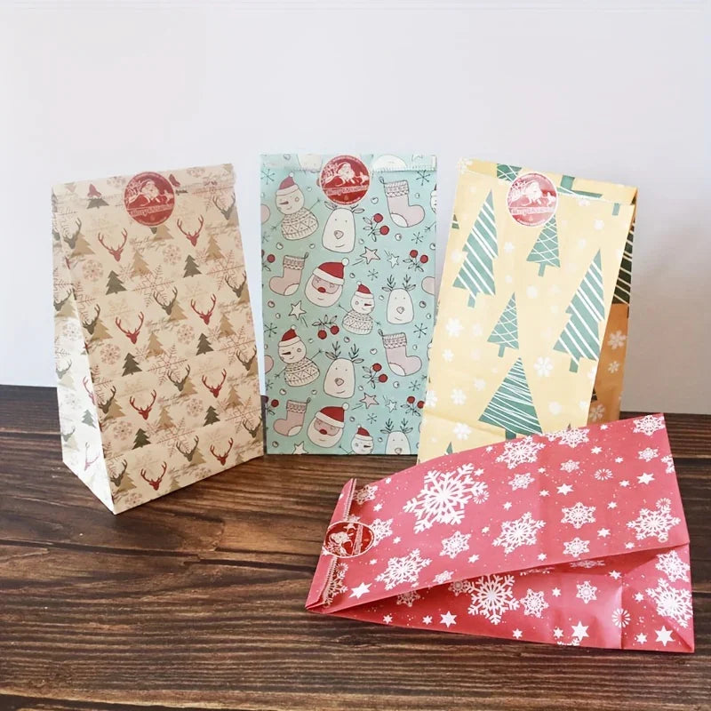 Paper Gift Bags with Red Sealing Stickers, 24pcs Set of Christmas Snowflake Designs