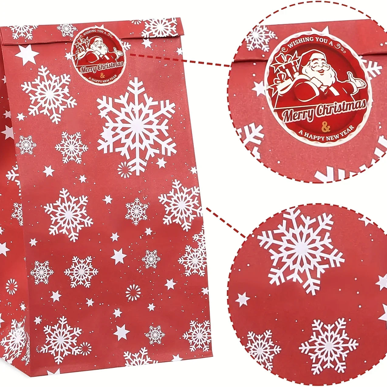Paper Gift Bags with Red Sealing Stickers, 24pcs Set of Christmas Snowflake Designs