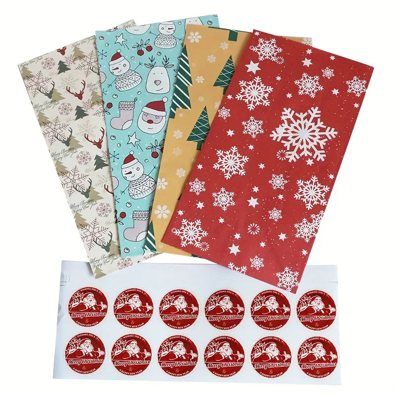 Paper Gift Bags with Red Sealing Stickers, 24pcs Set of Christmas Snowflake Designs