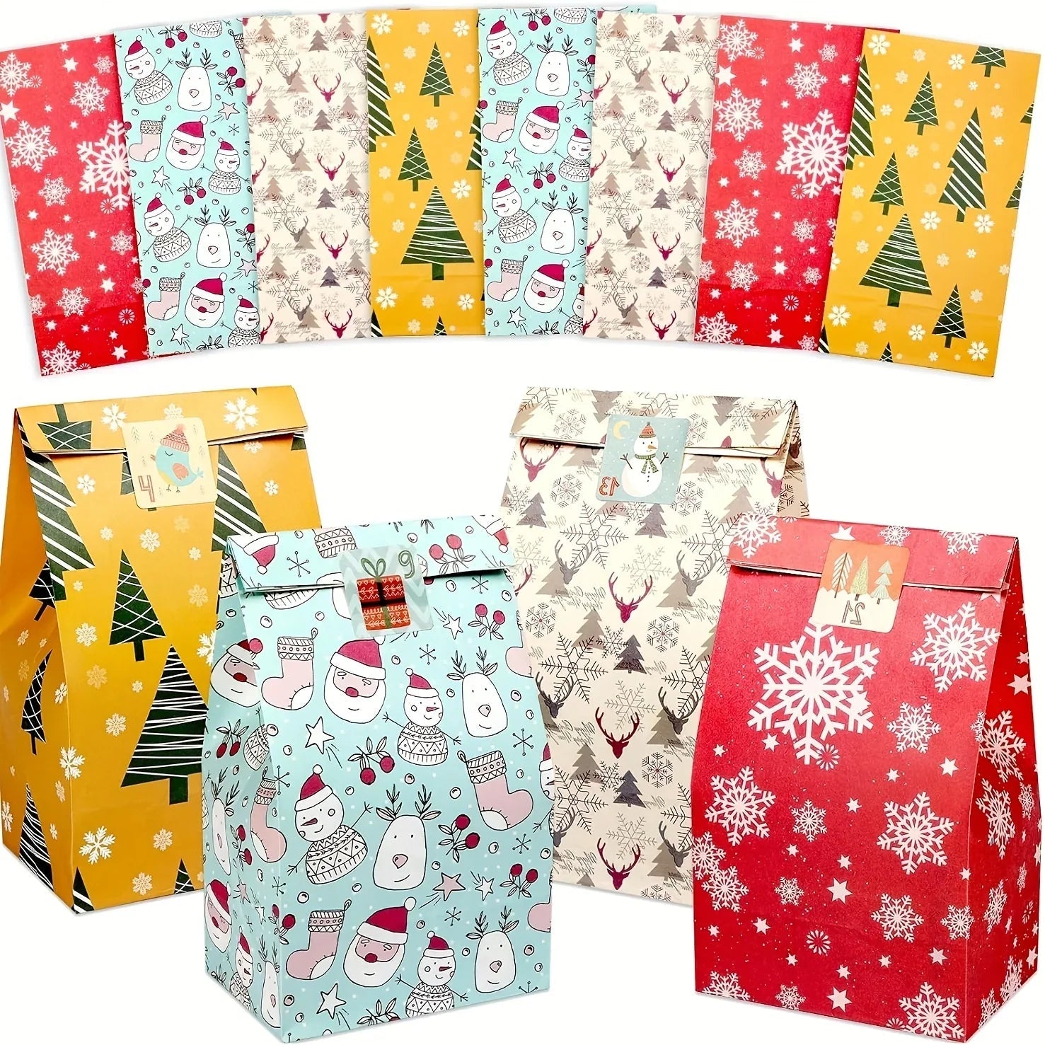 Paper Gift Bags with Red Sealing Stickers, 24pcs Set of Christmas Snowflake Designs