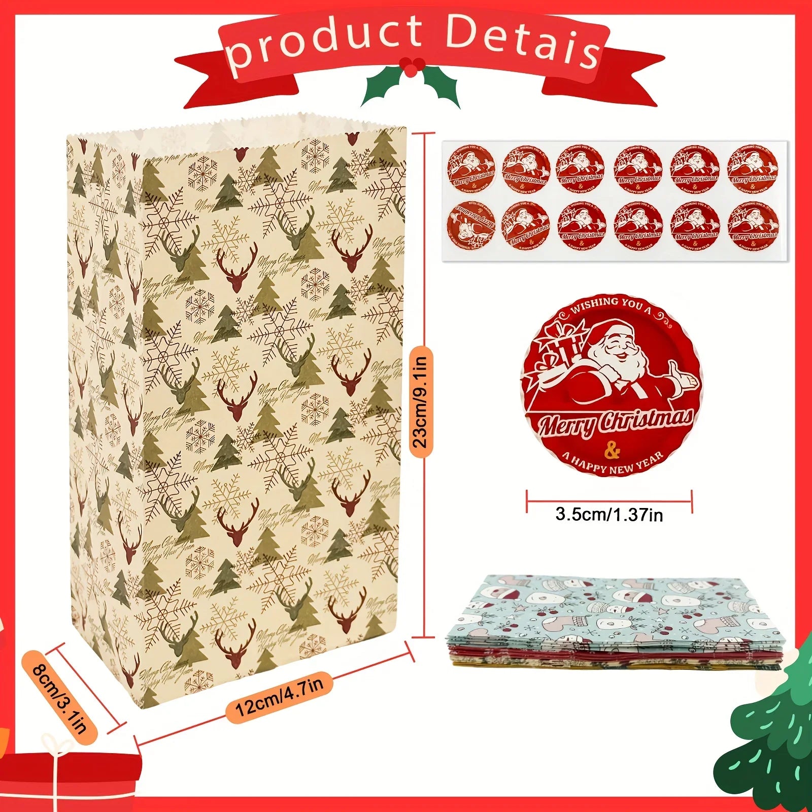 Paper Gift Bags with Red Sealing Stickers, 24pcs Set of Christmas Snowflake Designs