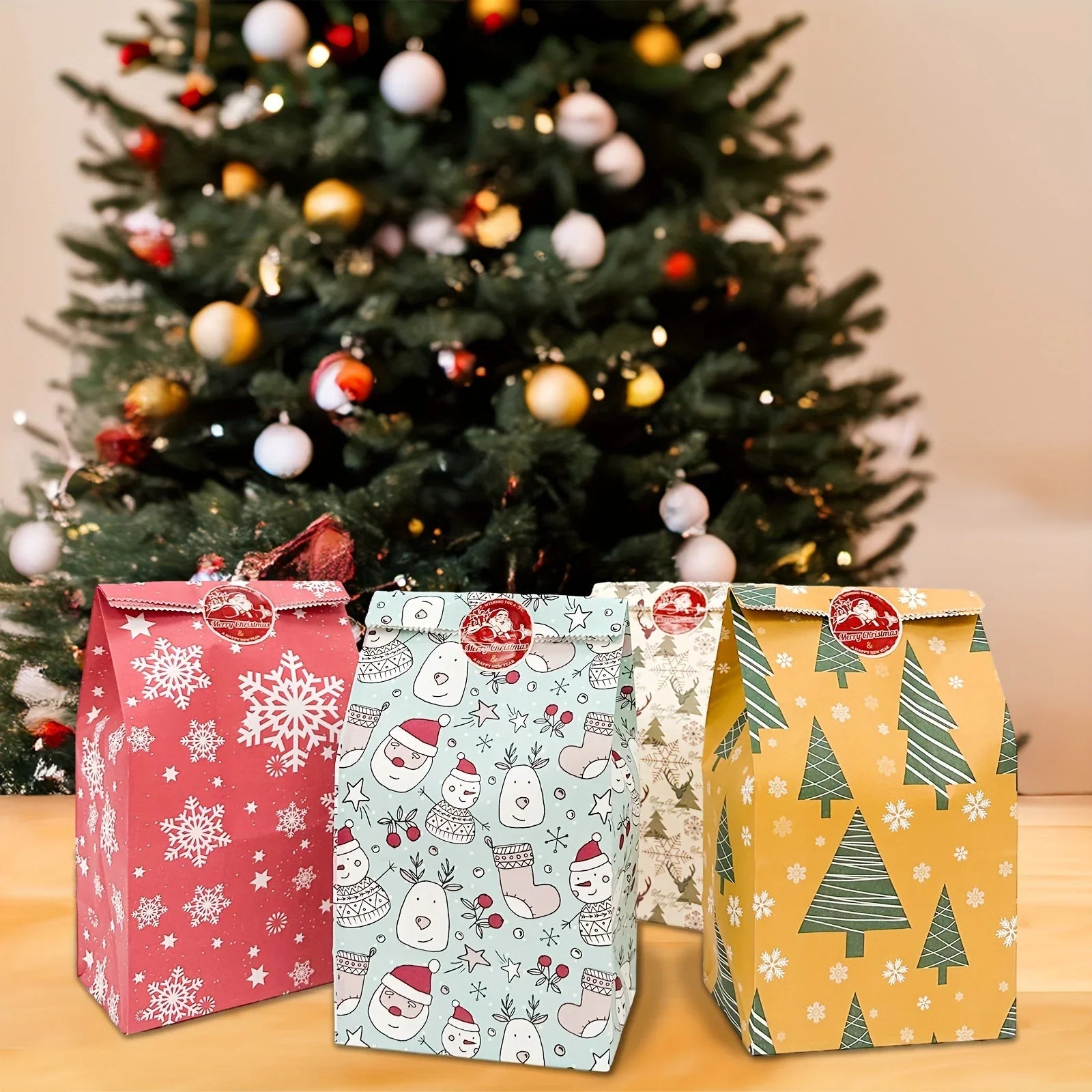 Paper Gift Bags with Red Sealing Stickers, 24pcs Set of Christmas Snowflake Designs
