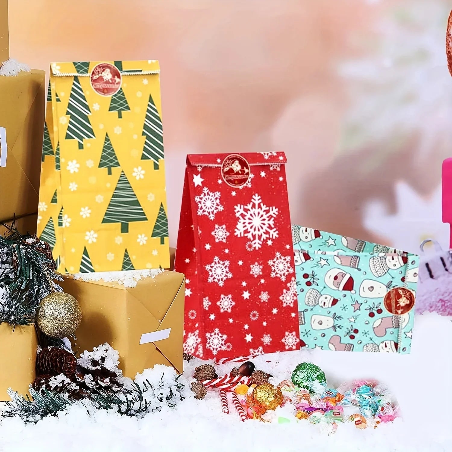 Paper Gift Bags with Red Sealing Stickers, 24pcs Set of Christmas Snowflake Designs