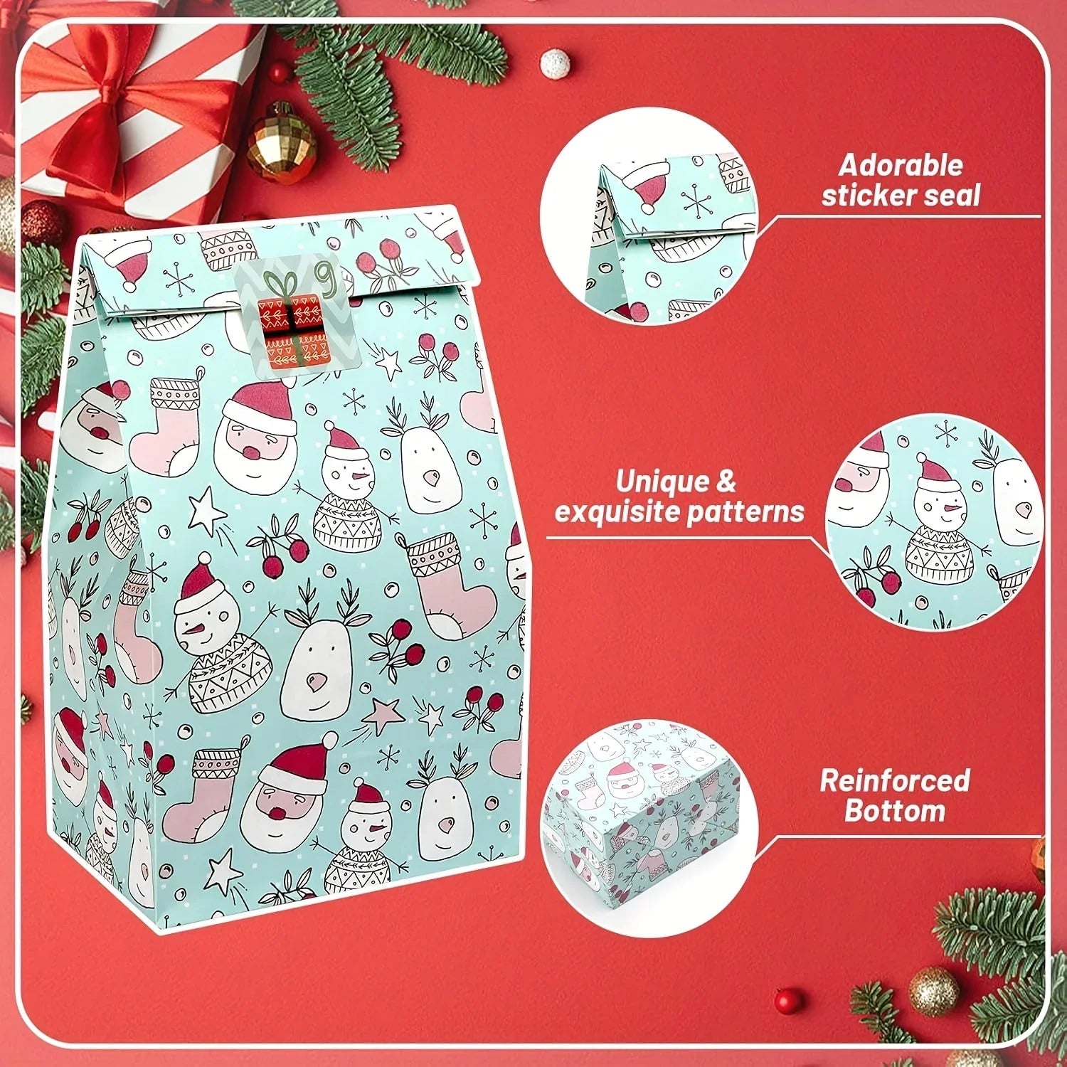 Paper Gift Bags with Red Sealing Stickers, 24pcs Set of Christmas Snowflake Designs