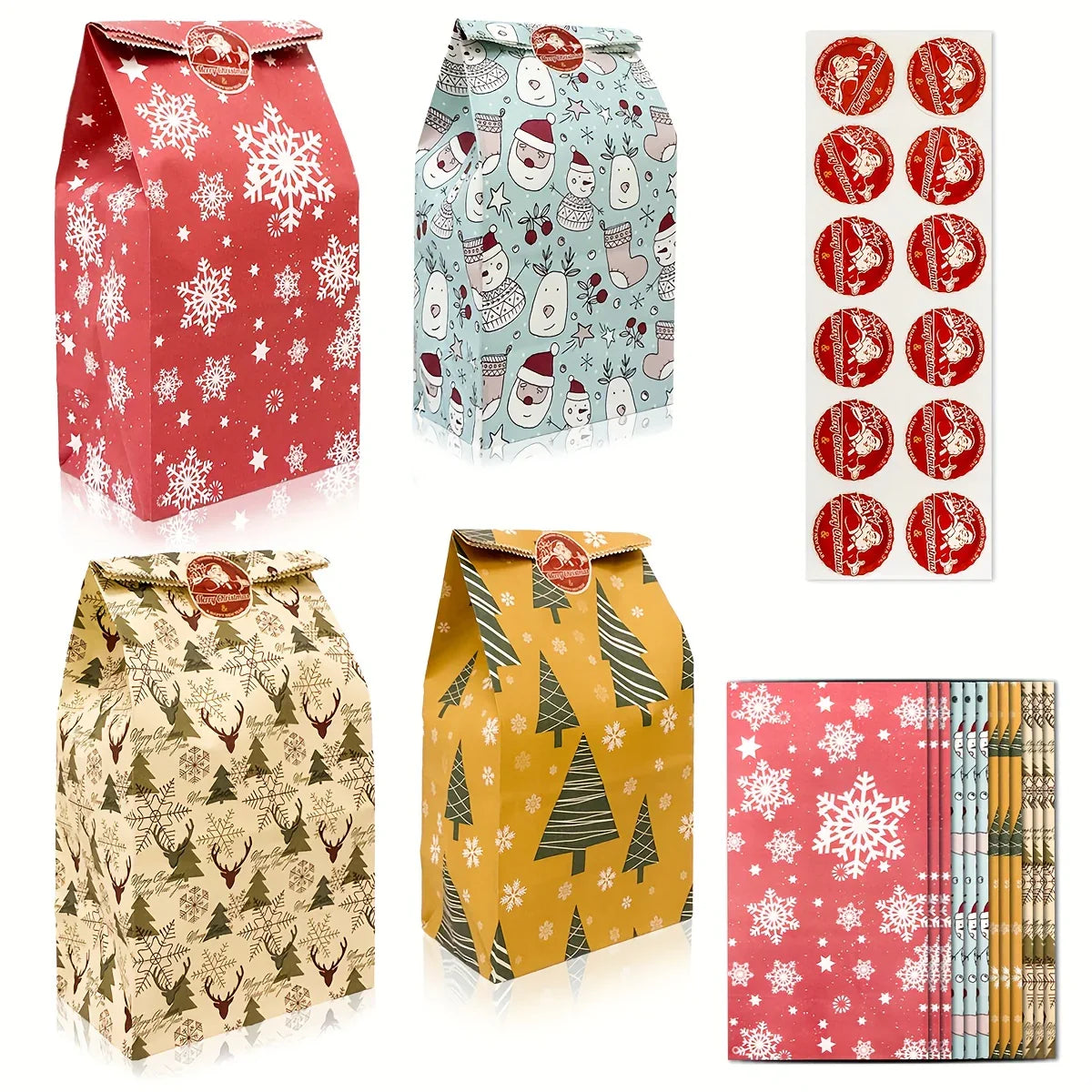 Paper Gift Bags with Red Sealing Stickers, 24pcs Set of Christmas Snowflake Designs