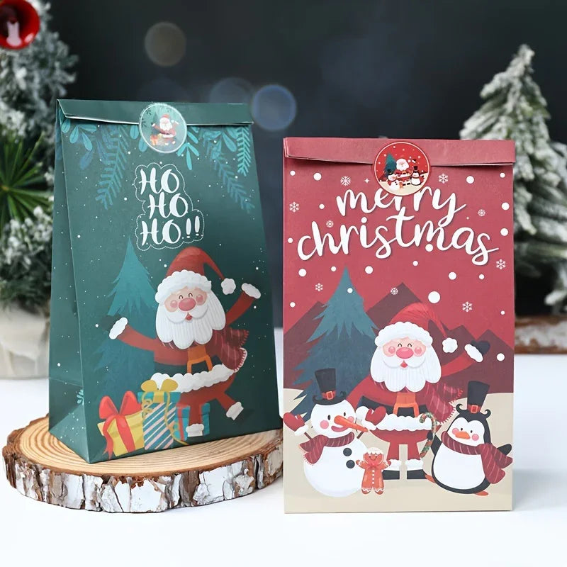 Paper Handbag with Christmas Stickers, Red Green Santa Design, 6pcs Gift Bag