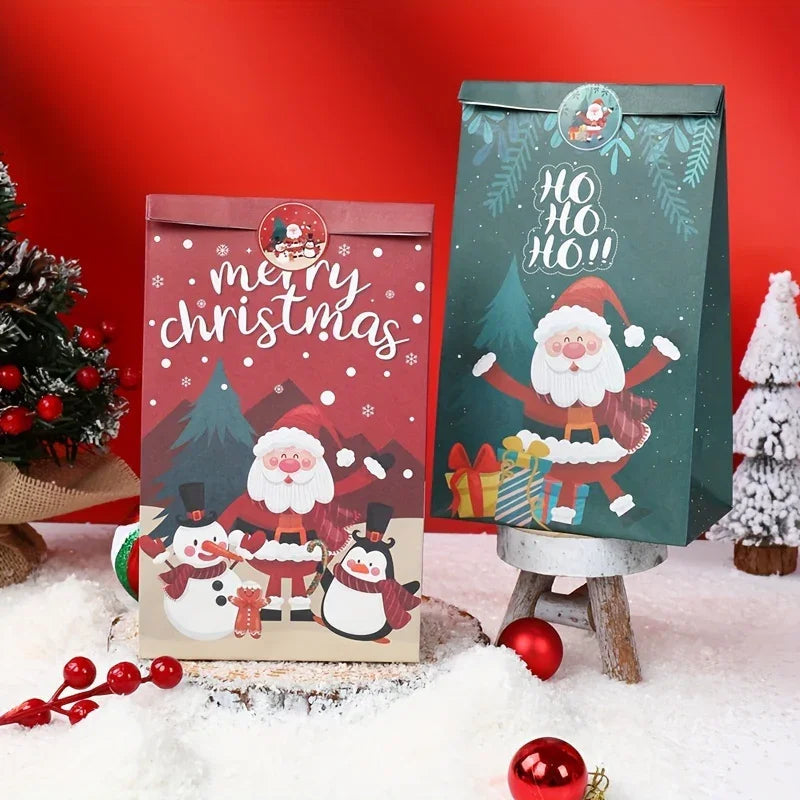 Paper Handbag with Christmas Stickers, Red Green Santa Design, 6pcs Gift Bag