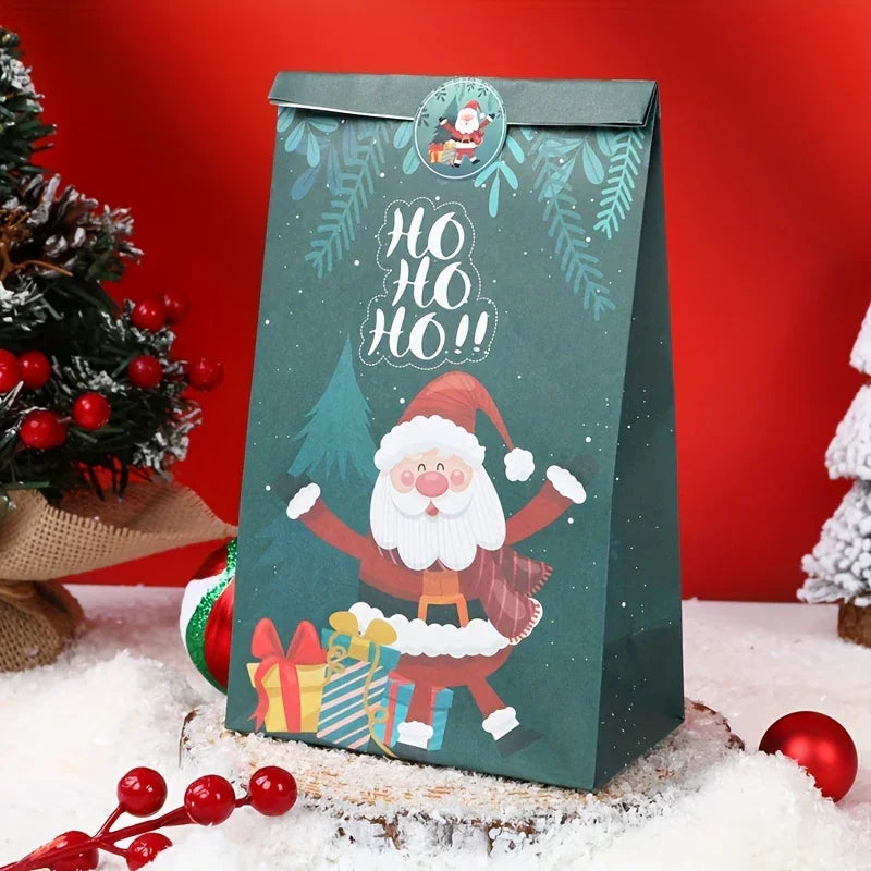 Paper Handbag with Christmas Stickers, Red Green Santa Design, 6pcs Gift Bag