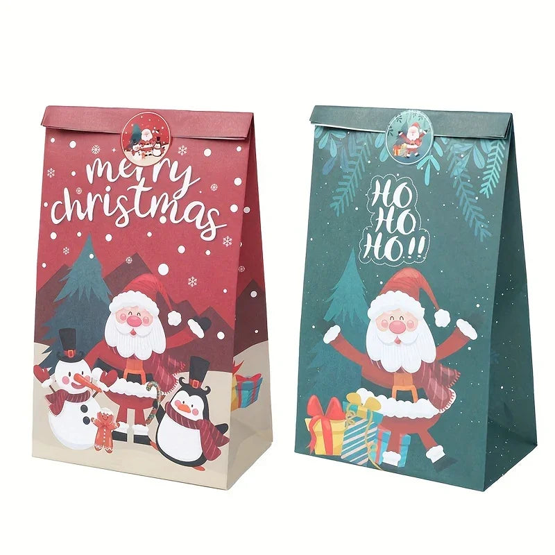 Paper Handbag with Christmas Stickers, Red Green Santa Design, 6pcs Gift Bag