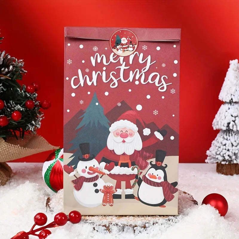 Paper Handbag with Christmas Stickers, Red Green Santa Design, 6pcs Gift Bag