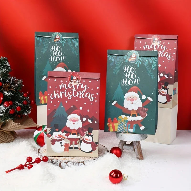 Paper Handbag with Christmas Stickers, Red Green Santa Design, 6pcs Gift Bag