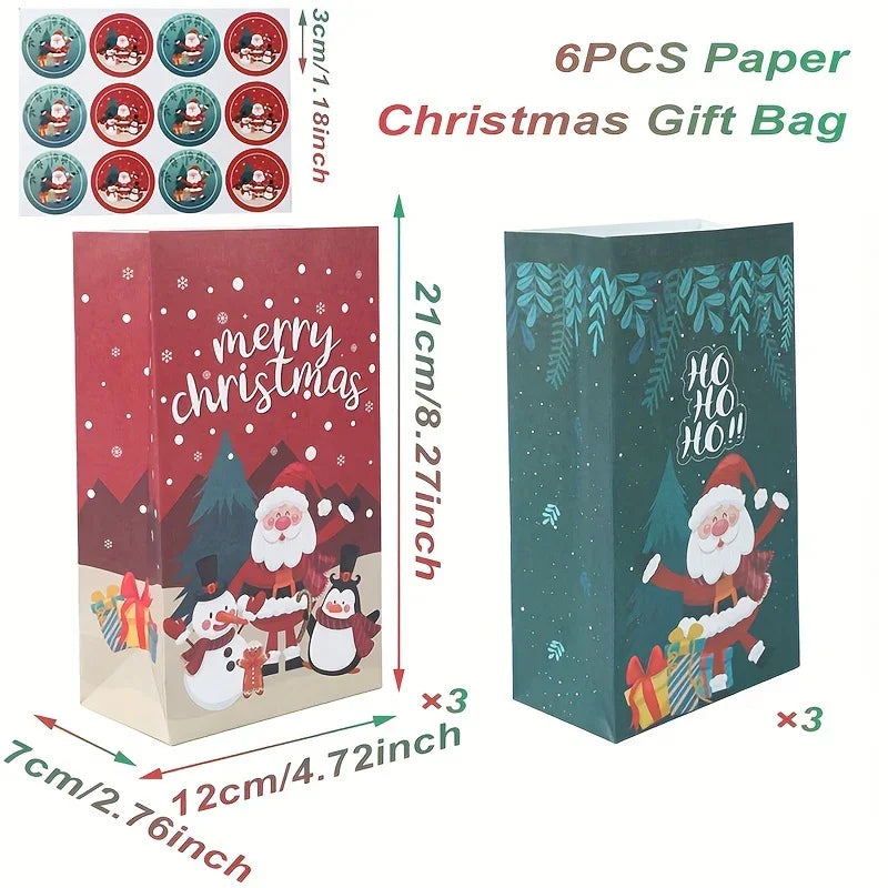 Paper Handbag with Christmas Stickers, Red Green Santa Design, 6pcs Gift Bag