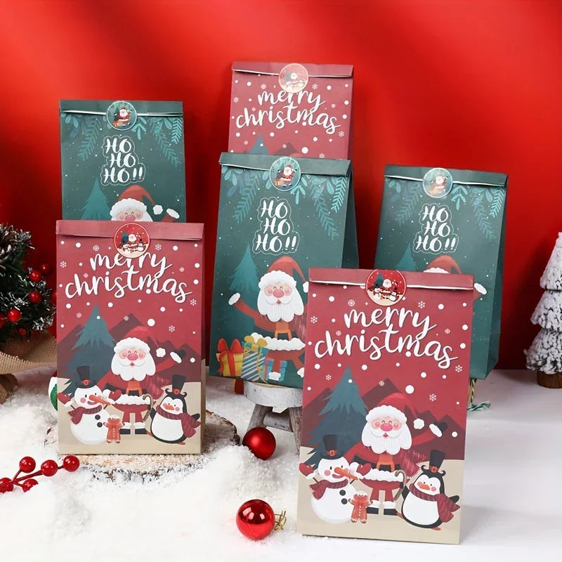 Paper Handbag with Christmas Stickers, Red Green Santa Design, 6pcs Gift Bag