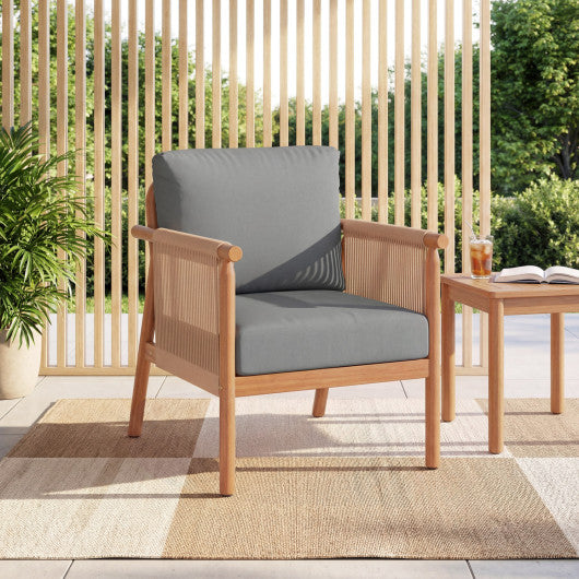Patio Acacia Wood Chair Set of 2 with Woven Rope Armrests and Seat Back Cushions for Backyard-Gray