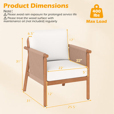 Patio Acacia Wood Chair Set of 2 with Woven Rope Armrests and Seat Back Cushions for Backyard-White