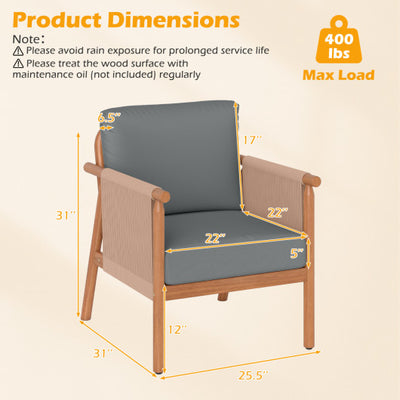 Patio Acacia Wood Chair Set of 4 with Woven Rope Armrests and Seat Back Cushions for Backyard-Gray