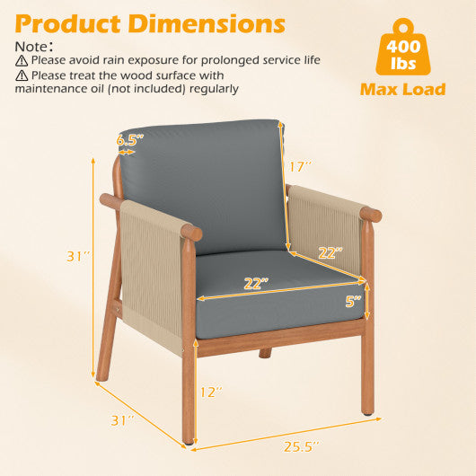 Patio Acacia Wood Chair with Woven Rope Armrests and Seat Back Cushions for Backyard-Gray
