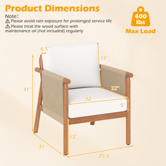 Patio Acacia Wood Chair with Woven Rope Armrests and Seat Back Cushions for Backyard-White