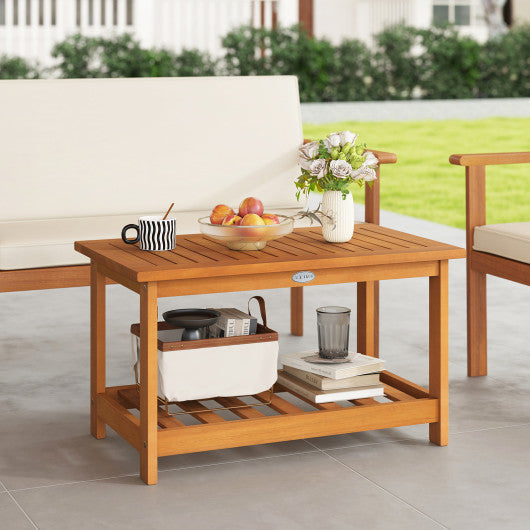 Patio Acacia Wood Coffee Table 2-Tier Rectangular Center Table