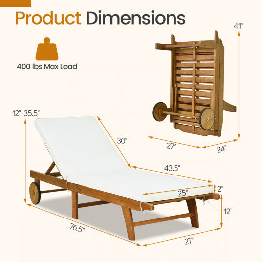 Patio Folding Eucalyptus Wood Chaise Lounge with 5-Level Adjustable Backrest