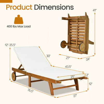 Patio Folding Eucalyptus Wood Chaise Lounge with 5-Level Adjustable Backrest