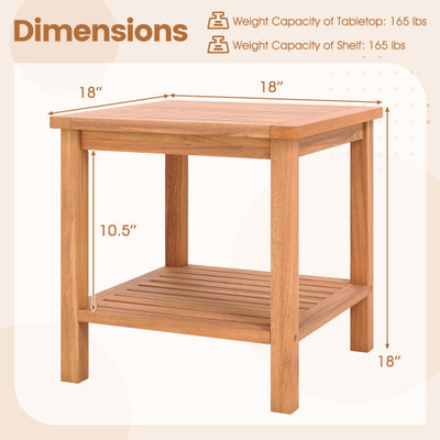 Patio Acacia Wood Side Table with Slatted Tabletop and Storage Shelf