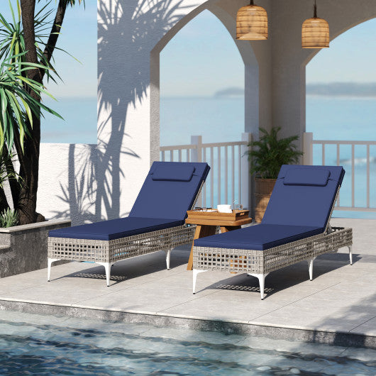 2 Pieces Patio Chaise Lounge Chair with 6-Level Adjustable Backrest and Headrest for Poolside-Navy