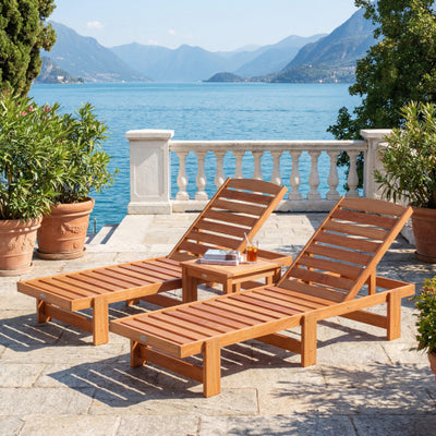 Patio Chaise Lounge Chair Solid Wood Slatted Recliner with Adjustable Backrest-Set of 2