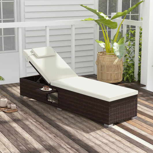 Outdoor PE Rattan Chaise Lounge with 6-level Backrest-Off White