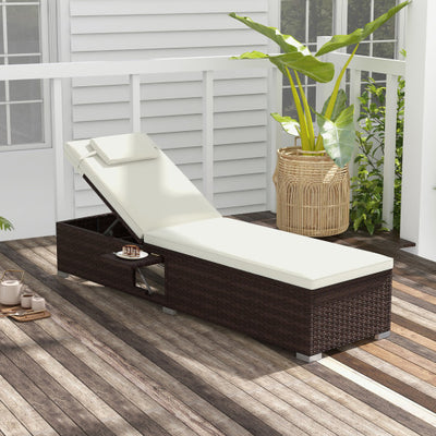 Outdoor PE Rattan Chaise Lounge with 6-level Backrest-Off White