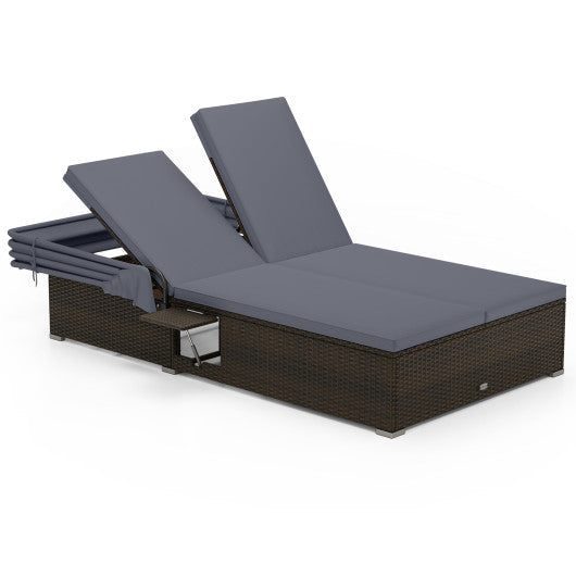 Patio Double Chaise Lounge with Shade Cushions and Folding Side Trays-Gray