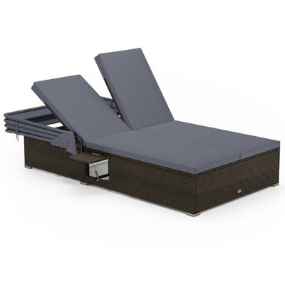 Patio Double Chaise Lounge with Shade Cushions and Folding Side Trays-Gray