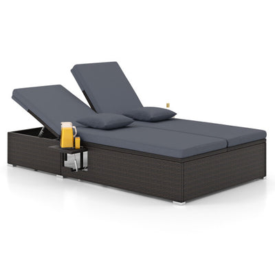 Patio Double Chaise Lounge with Cushions and Folding Side Trays-Gray